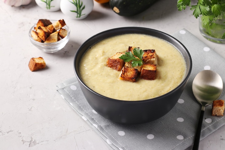 Фотография сливочный суп из курицы и цуккини, подается с гренками из белого хлеба в темной миске на сером фоне. крупный план