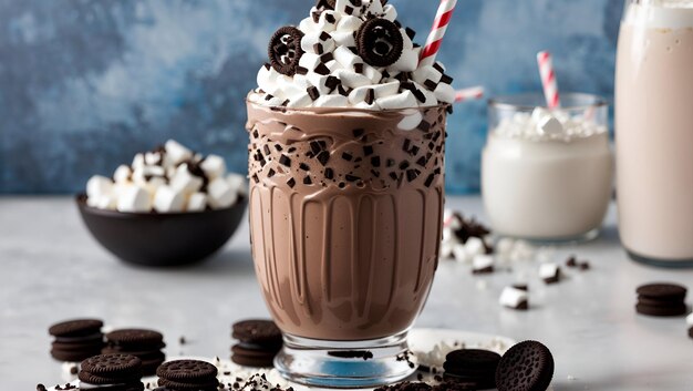 A creamy chocolate milkshake with a swirl of marshmallow fluff and a sprinkle of crushed oreos