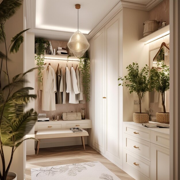 Photo creamy cloakroom with all wall wardrobe highquality
