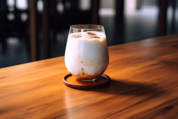 Creamy cold drink on wooden table refreshing beverage in stemless wine glass