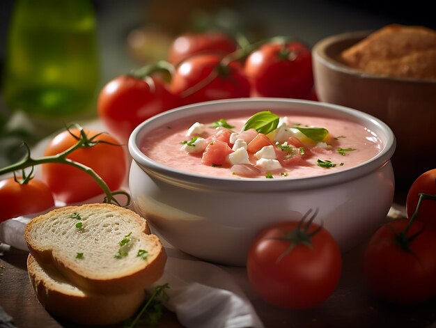 Creamy cold soup made with tomatoes bread and olive oil Ai Generative