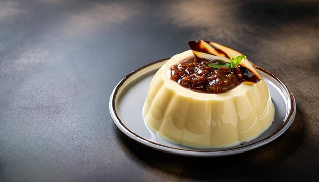 Photo creamy custard pudding presented in a plate