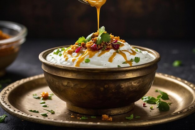 Foto dahi bhalla cremoso con tangy chutney drizzle