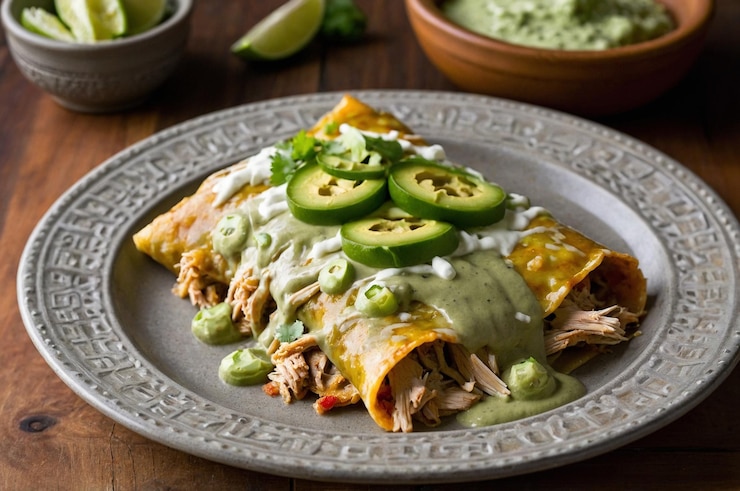 Photo creamy enchiladas with chicken cheese and tangy tomatillo sauce