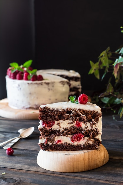 creamy fruit cake. Raspberry cake with chocolate. Chocolate cake. Cheesecake. Black forest