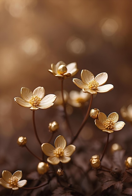 薄い茶色の背景のクリーム色の金色の花