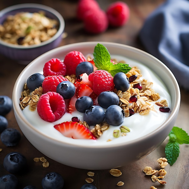 Creamy Greek yogurt in a ceramic bowl garnished with a colorful assortment of fresh berries