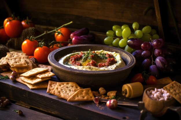 Creamy hummus spread on a rustic wooden board