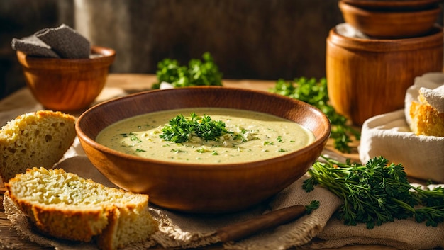 Creamy leek soup in the kitchen