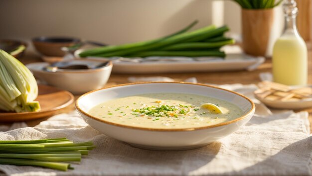 Creamy leek soup in the kitchen