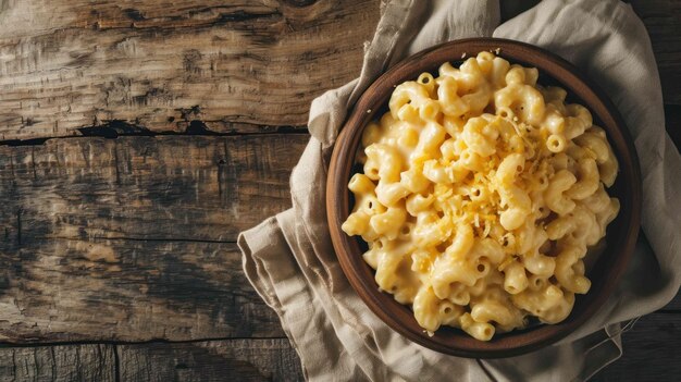 Photo creamy macaroni and cheese against a rustic farmhouse kitchen