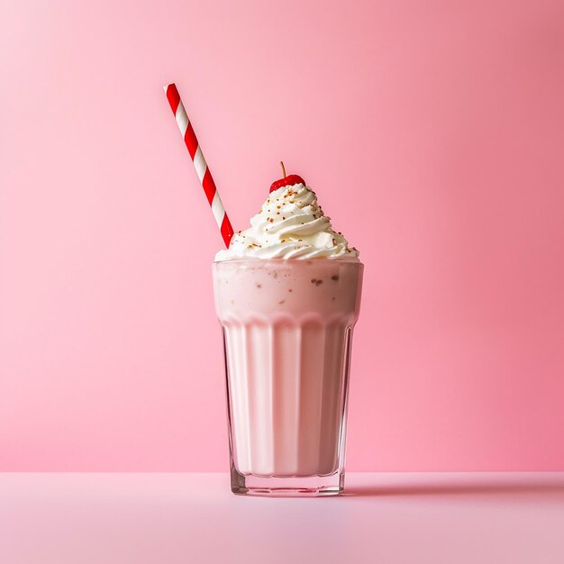 Photo creamy milkshake with sprinkles and whipped cream on pink background