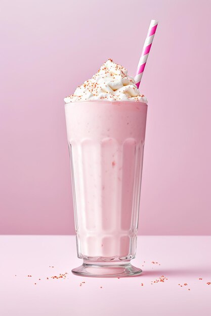 Photo creamy milkshake with sprinkles and whipped cream on pink background