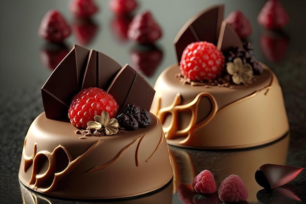 Creamy mousse cakes with red berries and chocolate pieces created with generative ai