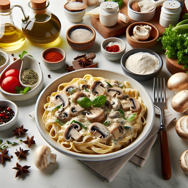 Creamy Mushroom Sauce Pasta on Marble Counter