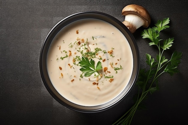 Creamy mushroom soup in a bowl with plenty of space for text