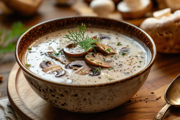 Foto zuppa di funghi cremosa in una ciotola di ceramica