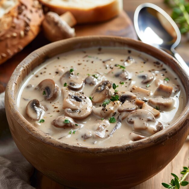 Creamy mushroom soup in a rustic bowl garnished with herbs served with bread on a wooden table evoking warmth and homeliness