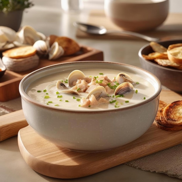 Creamy mushroom soup with croutons in bowl on table