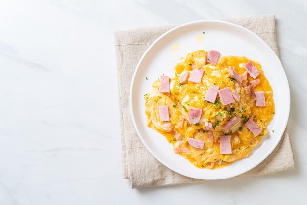 Creamy Omelet with Ham on Rice or Rice with Ham and Soft Omelet