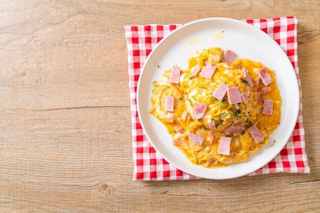 Creamy Omelet with Ham on Rice