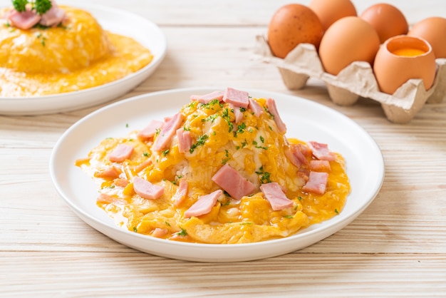 Creamy Omelet with Ham on Rice