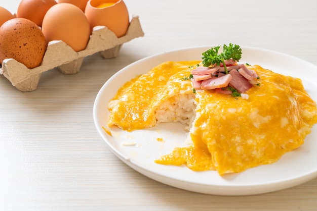 Creamy Omelet with Ham on Rice