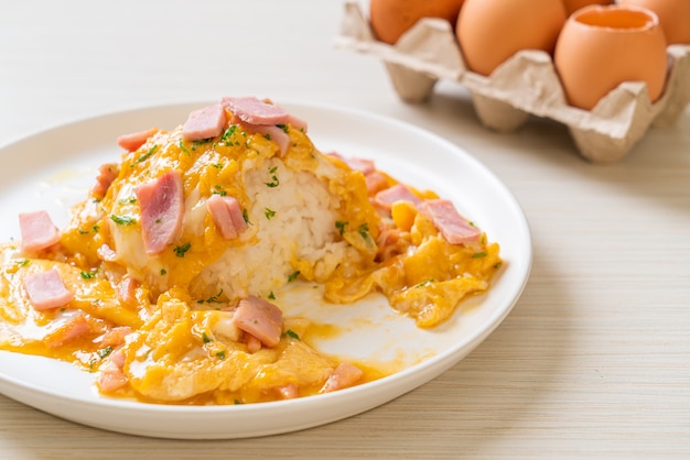 Creamy Omelet with Ham on Rice