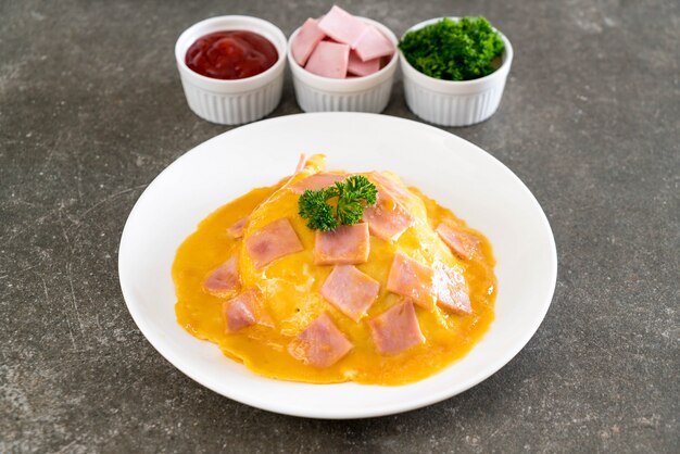 Creamy Omelet with Ham on Rice 