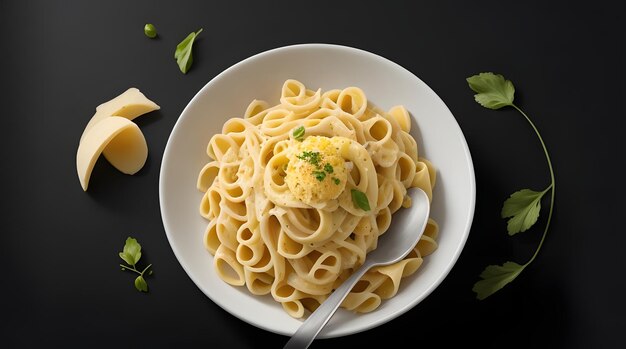 Creamy pasta on black Texture background with smoke