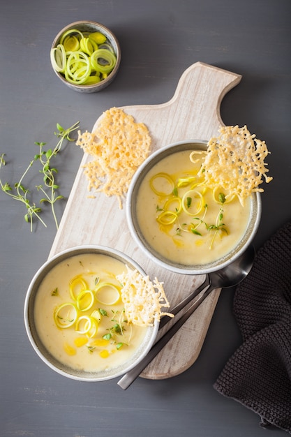 Creamy potato and leek soup in bowl