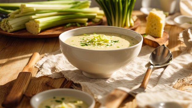 Creamy prees soep in de keuken.