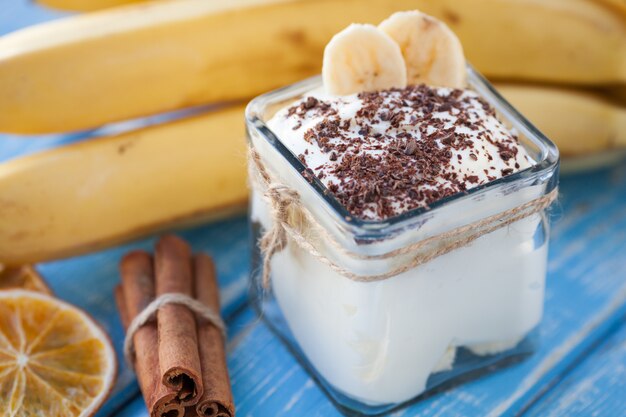 Creamy pudding with banana.