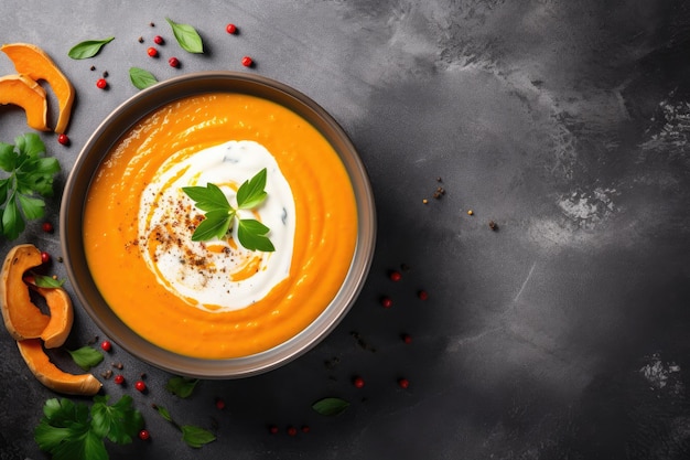 Creamy pumpkin and carrot soup on a grey stone background Copy space Top view