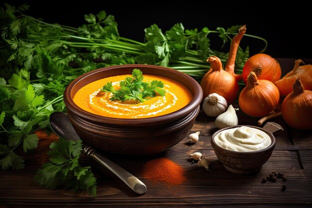 Creamy pumpkin and carrot soup topped with parsley on a rustic wooden surface