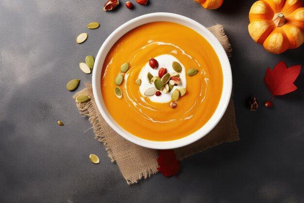 Creamy pumpkin soup on marble background with top view