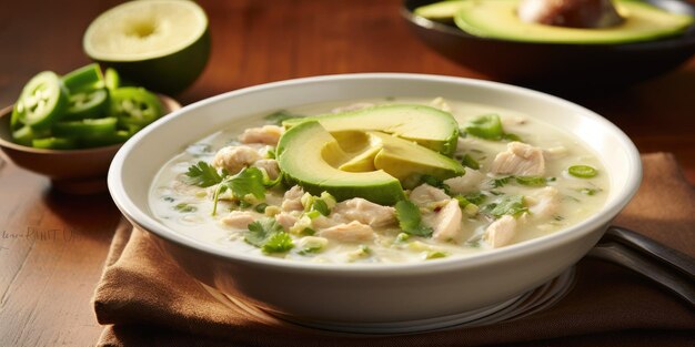 Photo creamy richness of white chicken chili elevated by a velvety avocado cream that turns every spoonfu