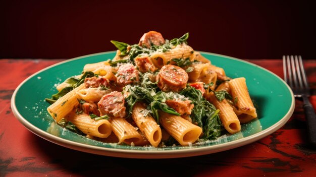 Photo creamy sausage rigatoni with spinach and garlic