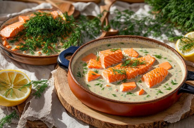 Creamy soup with pieces of salmon lemon dill on an old background