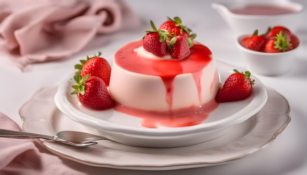 creamy strawberry pudding with sauce on a plate with strawberries on a light background