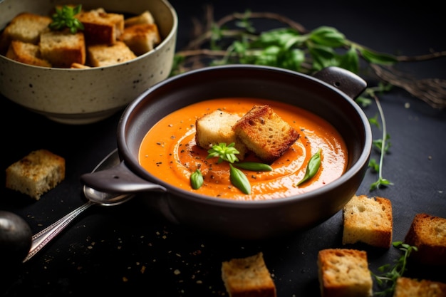 Creamy Tomato Soup with Vegan Grilled Cheese Crout