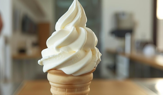Кремовое ванильное мягкое мороженое в конусе в десертном магазине