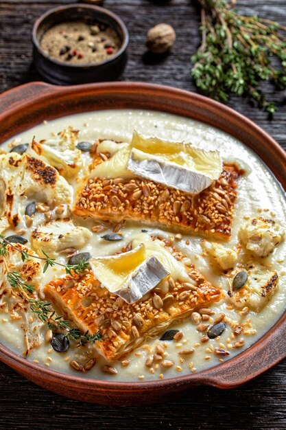 Creamy vegan cauliflower soup topped with toasts with  melted camembert cheese in a clay bowl on a rustic wooden table, close-up, french cuisine