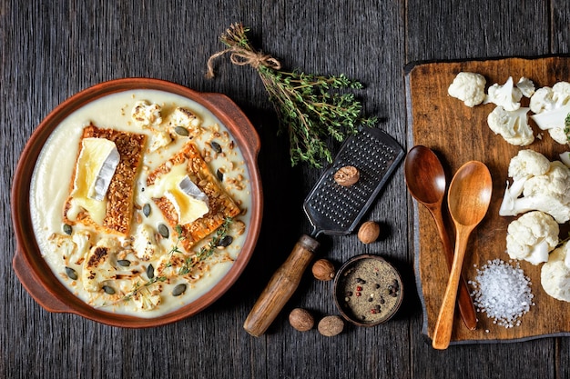 Creamy vegan cauliflower soup topped with toasts with  melted camembert cheese in a clay bowl on a rustic wooden table, horizontal view above, close-up, flat lay, french cuisine
