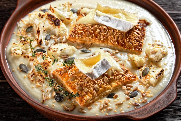 Creamy vegan cauliflower soup topped with toasts with  melted camembert cheese in a clay bowl on a rustic wooden table, horizontal view above, close-up, french cuisine