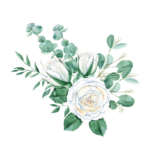 Photo creamy white rose watercolor rustic wedding bouqet isolated on white background roses buttons leaves pistachio and eucalyptus branches