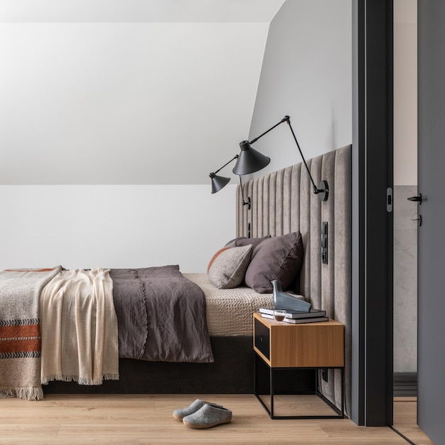 Crearive composition of bedroom interior with velvet bed shelf design lamp bedroom textiles and elegant accessories Template Minimalist home decor