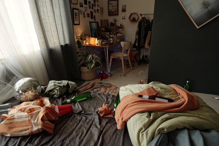 Photo creased clothes and empty bottles on bed
