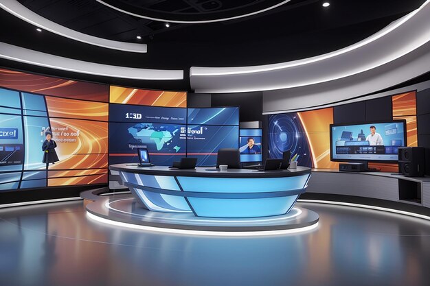 Foto creare uno studio di notizie virtuale 3d con un elegante design moderno con un muro video led curvo sullo sfondo