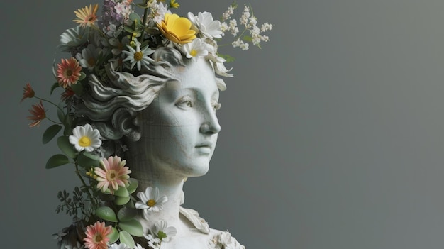 봄 꽃의 배열으로 우아하게 장식 된 우아한 여성 조각의 3D 렌더링 이미지를 만니다. 조각은 여성성과 자연 인공지능의 본질을 구현해야합니다.